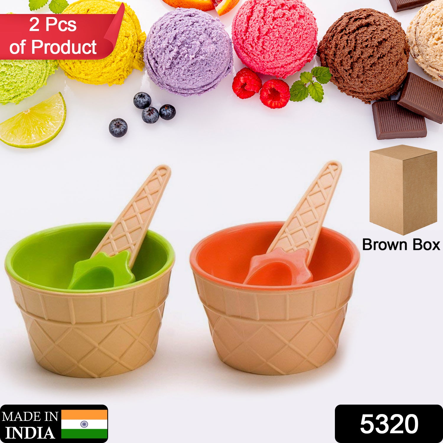 5320 Ice-Cream Waffle Spoon Bowel Cup Set | Premium ice Cream Set | Ice-Cream Bowel with Spoon | 2 units Couple Bowl Set | Brown Box