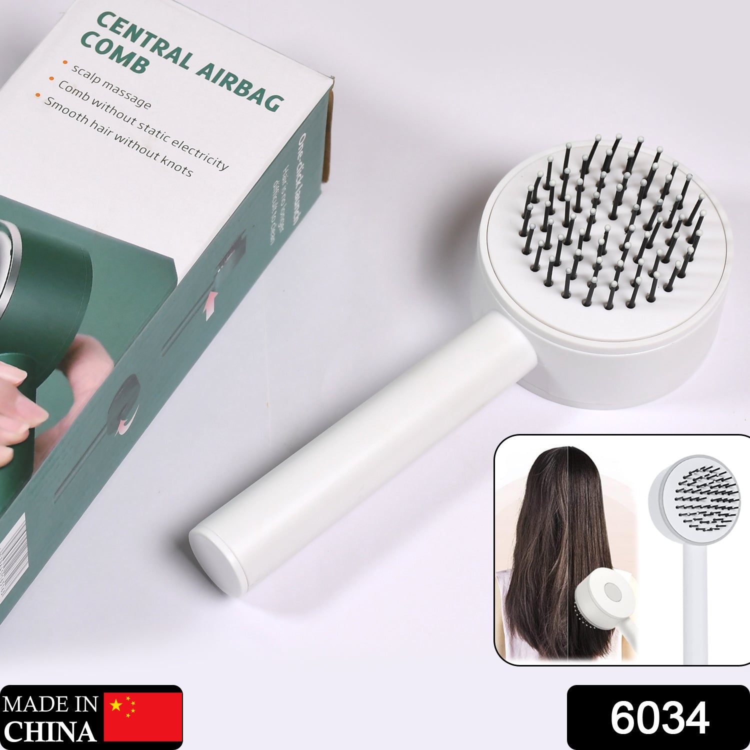 6034? Air Cushion Massage Brush, Airbag Massage Comb with Long Handle, Self-Cleaning Hair Brush, Detangling Anti-Static for All Hair