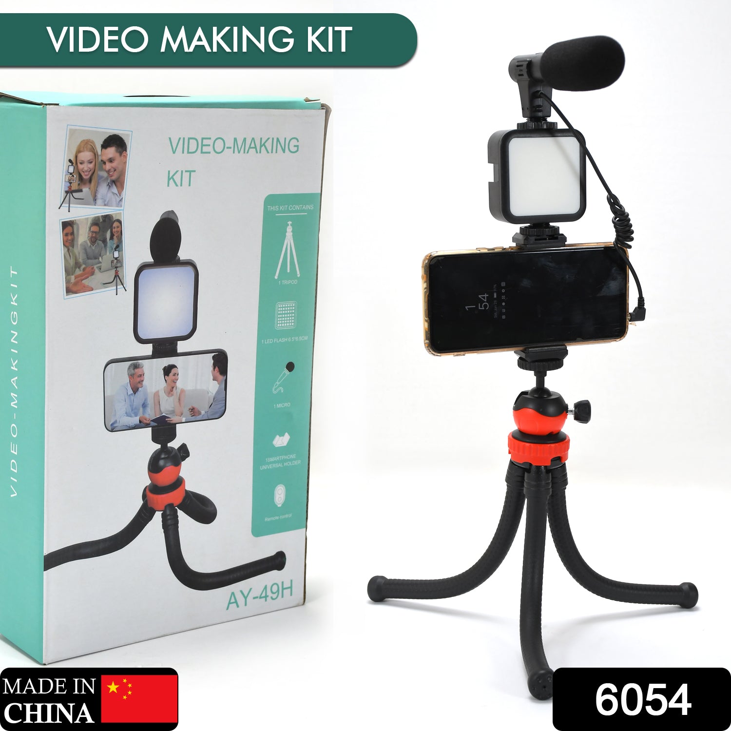6054 Vlogging Kit for Video Making with Mic Mini Tripod Stand, LED Light & Phone Holder Clip for Making Videos