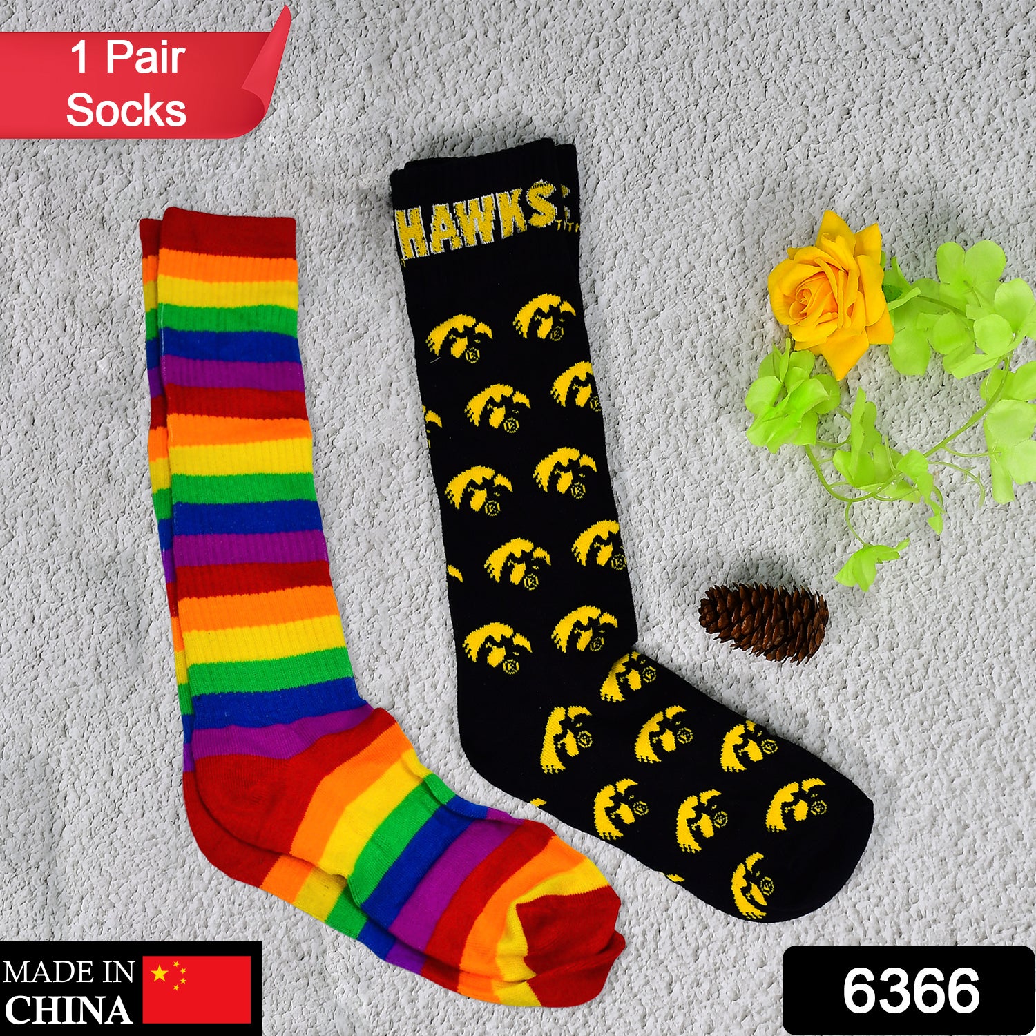 6355 1PAIR LONG PRINTED SOCKS MULTIPLE DESIGN SOCKS.