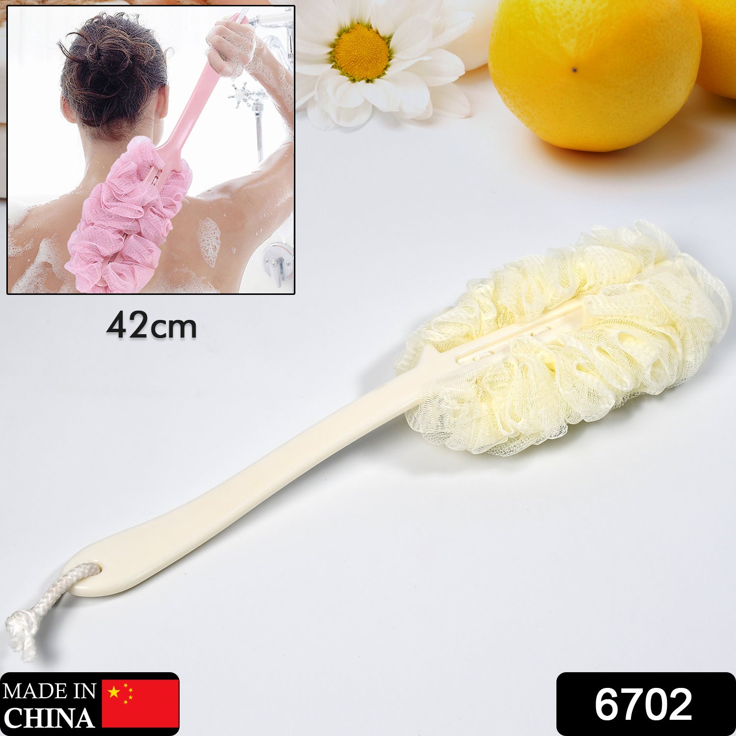 6702 Loofah Back Scrubber for Shower, Long Handle Bath Sponge Shower Brush, Soft Nylon Mesh Back Cleaner Washer, Body Bath Brush for Women and Men, Bathroom Shower Accessories