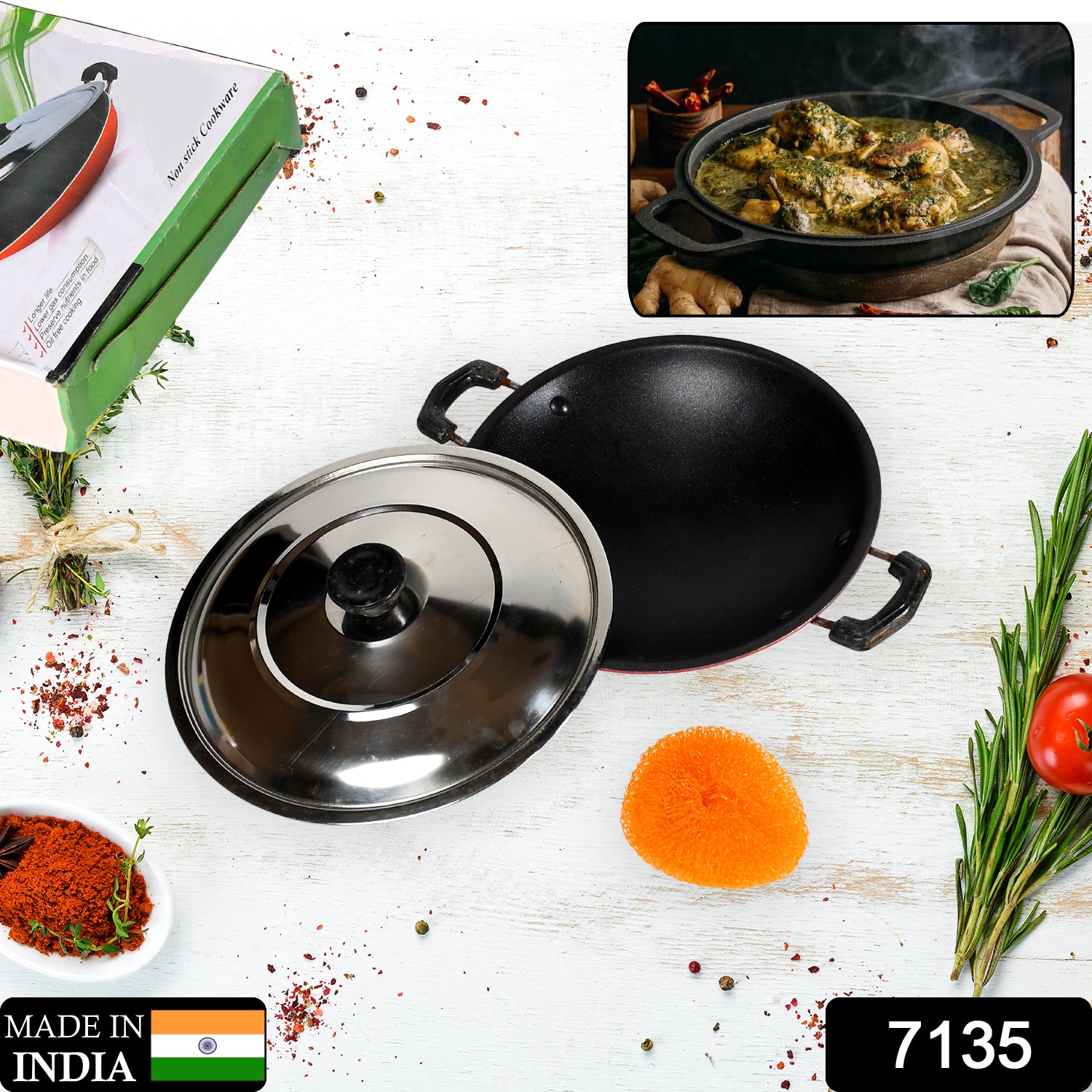7135 Nonstick Kadhai With Lid Deep Frying Pan, Kadhai with Lid for Cooking, Biryani Pot