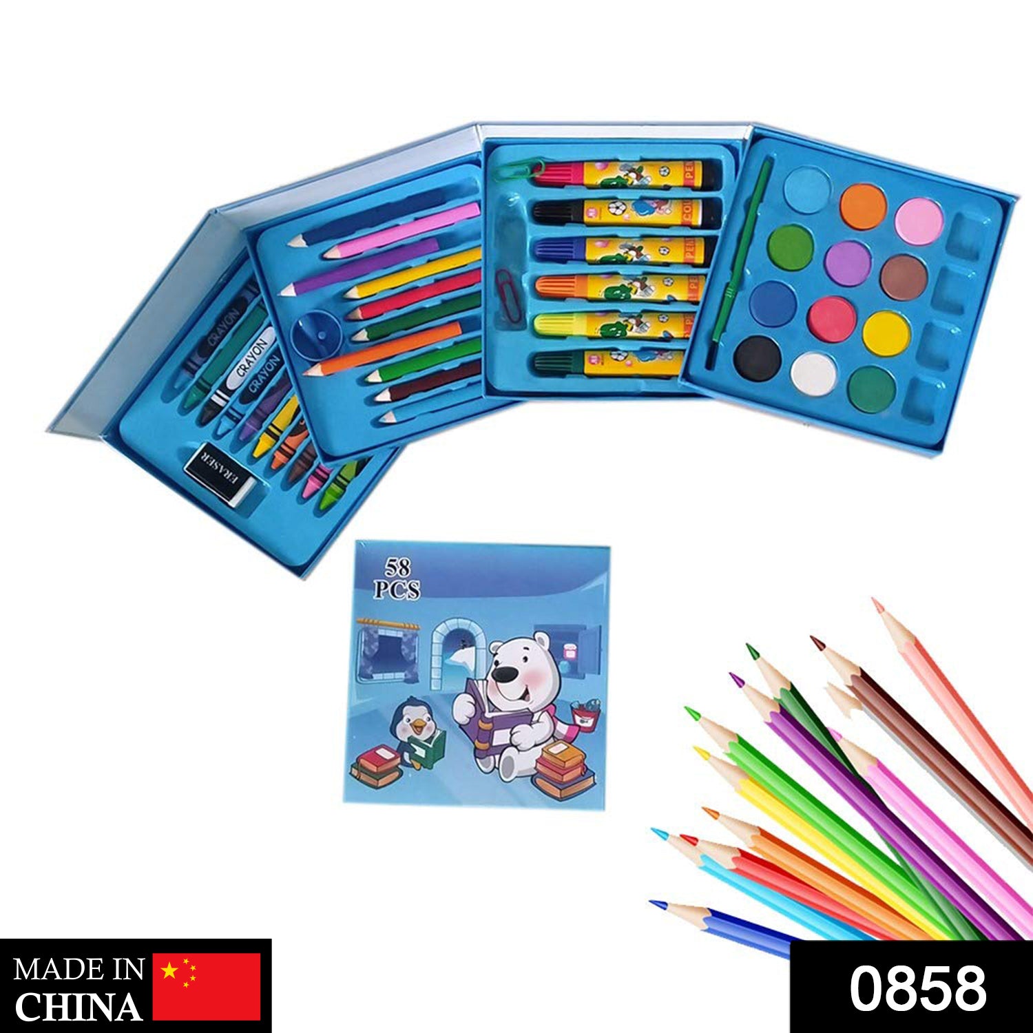 858 Plastic Art Colour Set 58 pcs with Color Pencil, Crayons, Oil Pastel and Sketch Pens