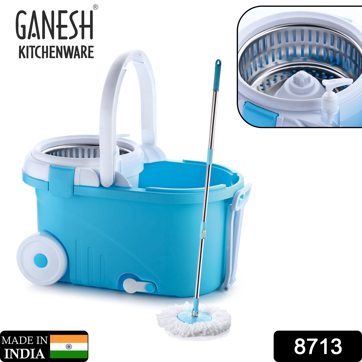 8713 GANESH Prime Plus Steel Spinner Bucket Mop 360 Degree Self Spin Wringing with 2 Absorbers for Home and Office Floor Cleaning Mops Set.