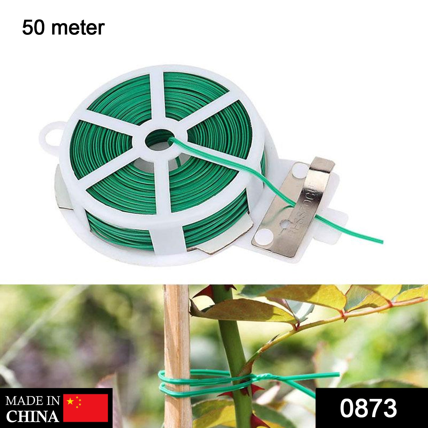 0873_50m_twist_tie Plastic Twist Tie Wire Spool With Cutter For Garden Yard Plant 50m (Green)