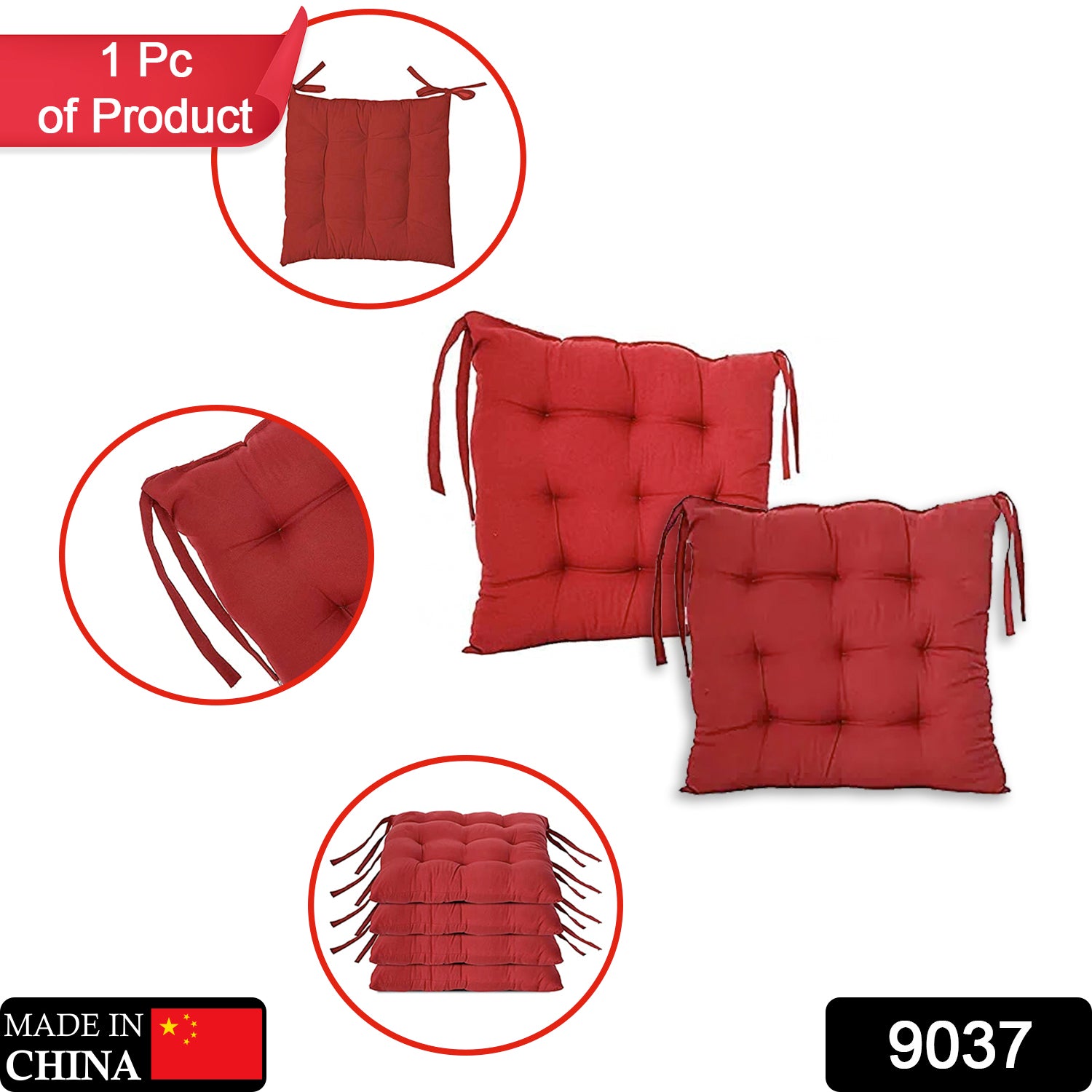 9037 Square Chair Pad Seat Cushion for Car Pad, Indoor/Outdoor with Ties (15 inch)