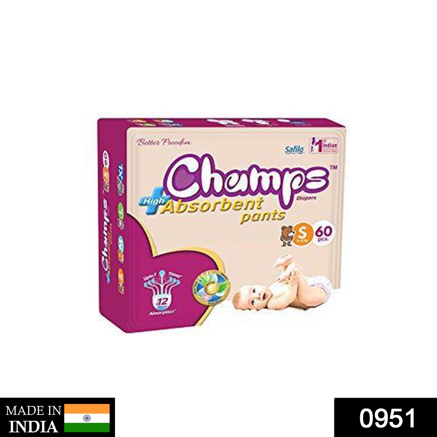 951 Premium Champs High Absorbent Pant Style Diaper Small Size, 60 Pieces (951_Small_60)